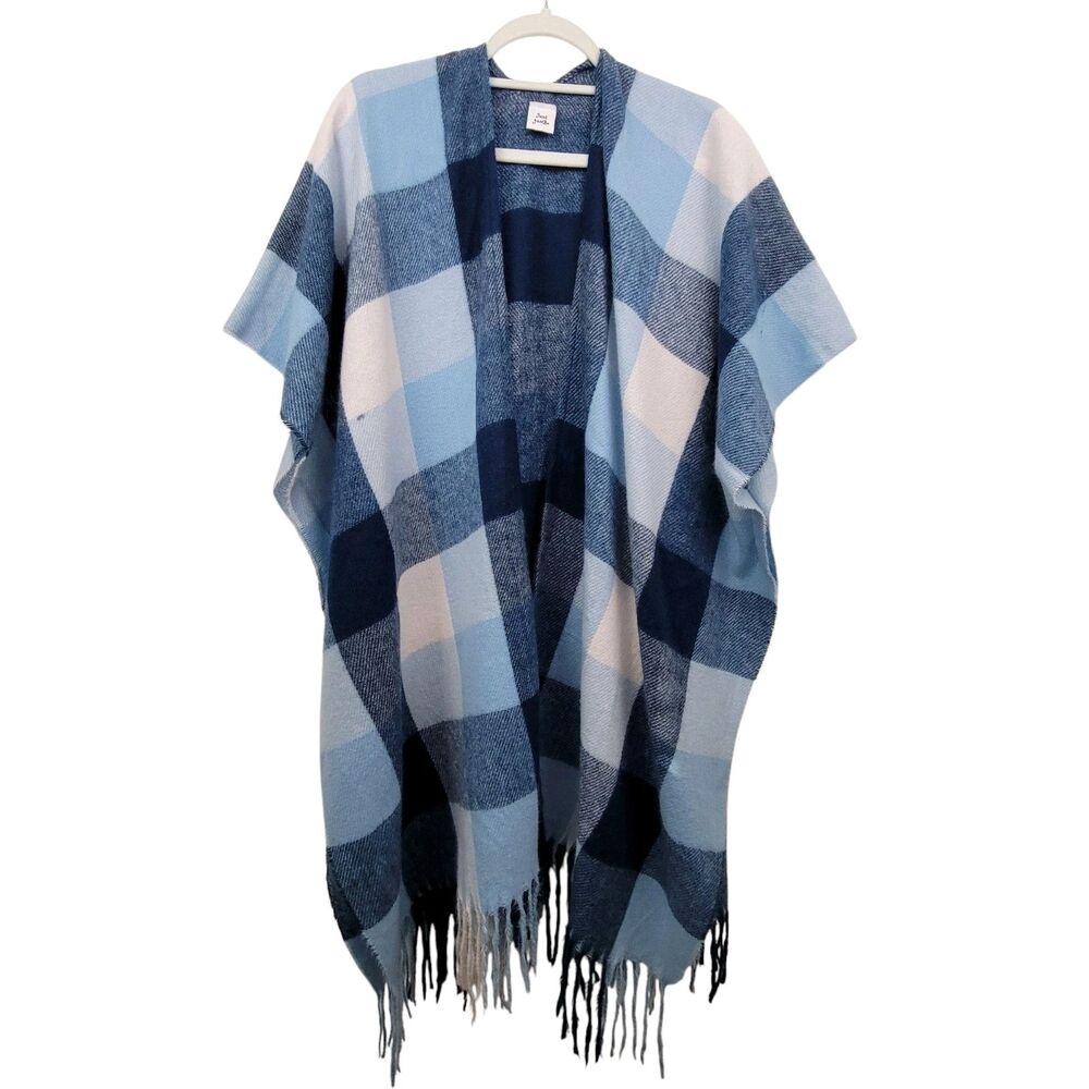 Just Jamie Soft Blue Plaid Open Front Cape One Size With imperfection